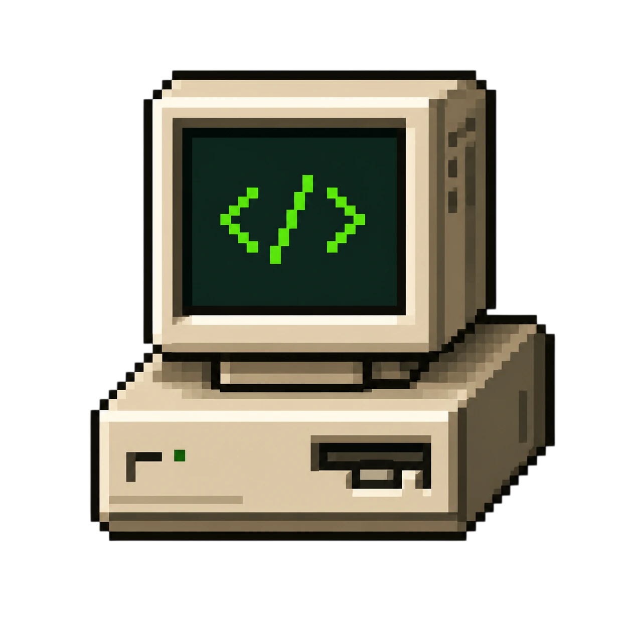 Computadora retro con un símbolo de código en la pantalla